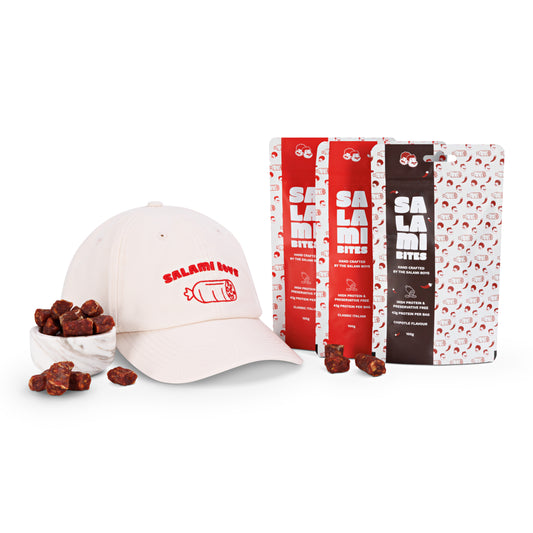 Salami Boys Merch Bundle – Dad Hat + Salami Bites (Classic Italian & Chipotle)